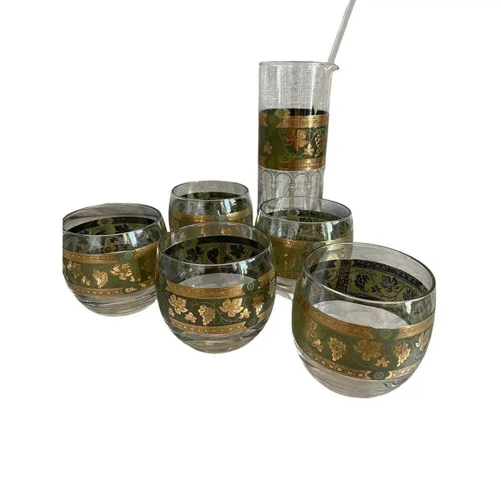 Vintage 1950 Cera Glass Golden Grapes Hollywood Regency Green Gold Barware, 7 Pc
